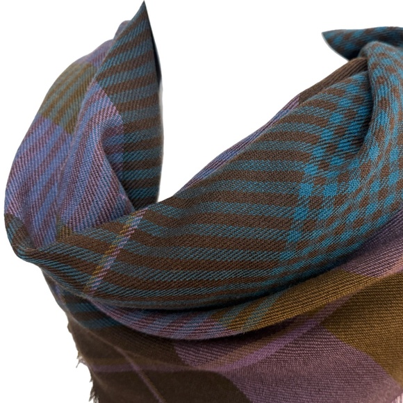 Vintage Pure New Wool German Tartan Square Scarf 🇩🇪 – Violet, Olive & Teal - Picture 5 of 8